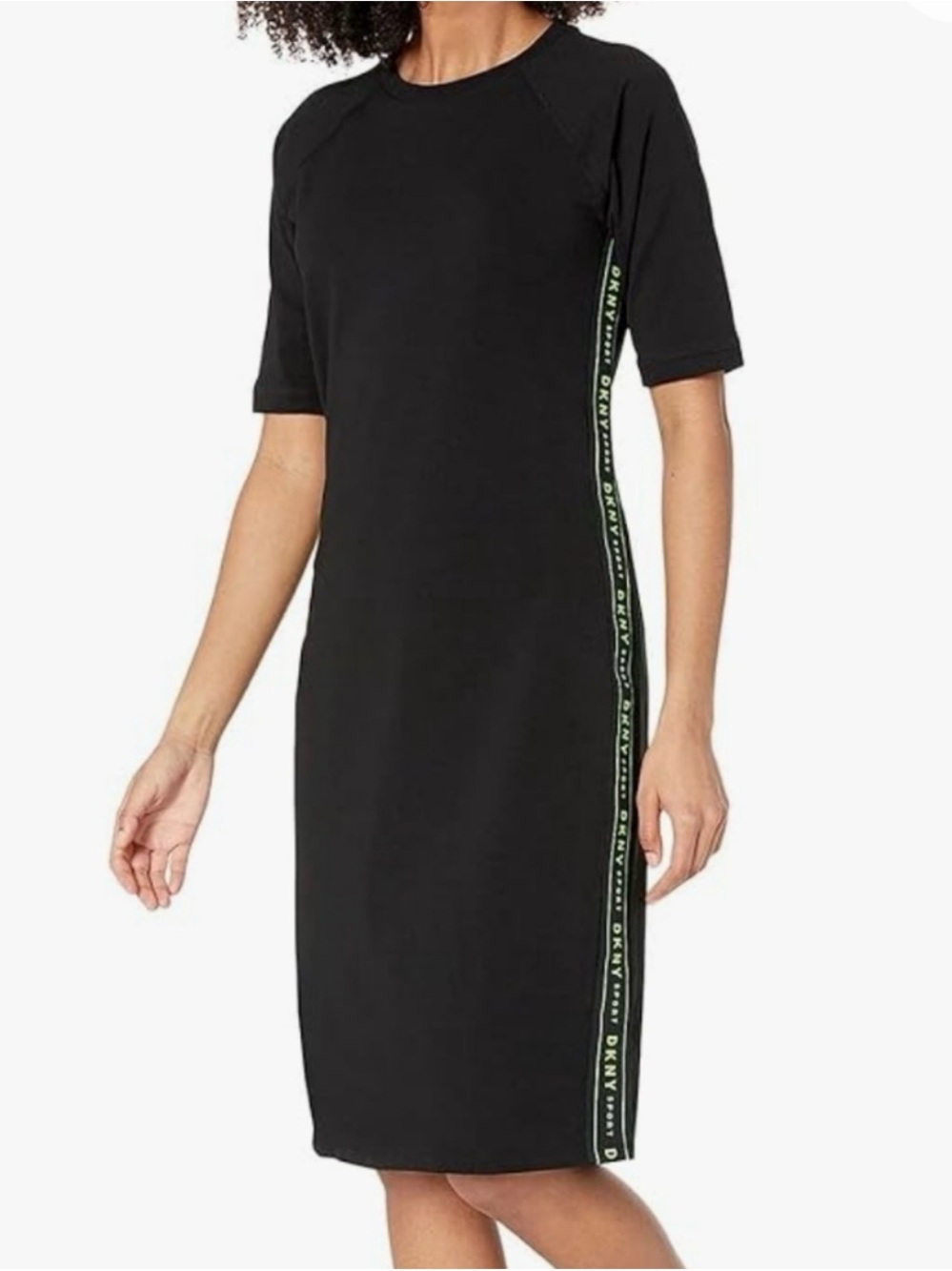 DKNY L130206 Black Green Logo Side Tape T-Shirt Midi Dress | Size XL